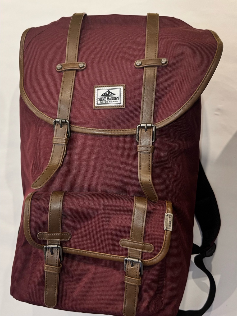 Steve Madden Burgundy Canvas Backpack with Brown Trim Accents